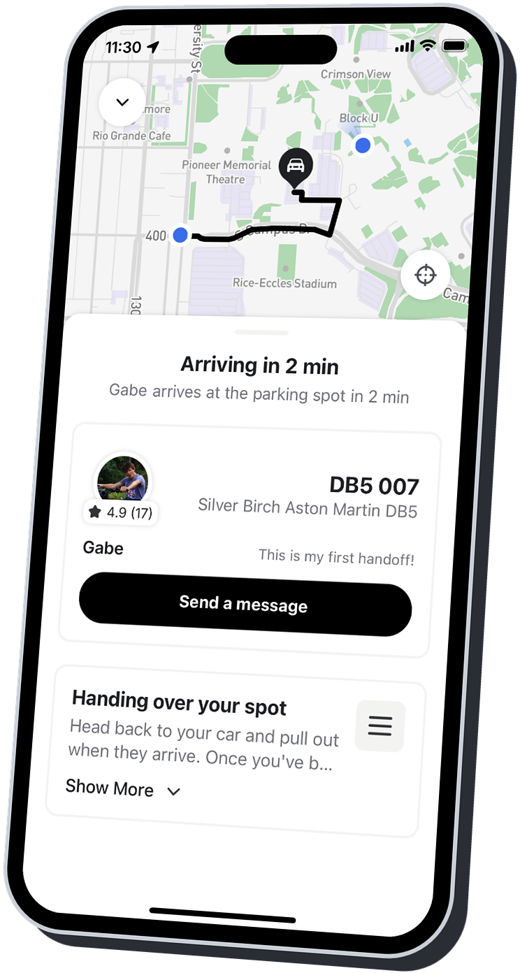 DoublePark showing a matched driver arriving at the parking spot